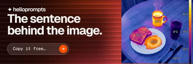 X header for HelloPrompts: "The sentence behind the image." Agentic glass style, skeleton layout, dark palette in red, black, blue.