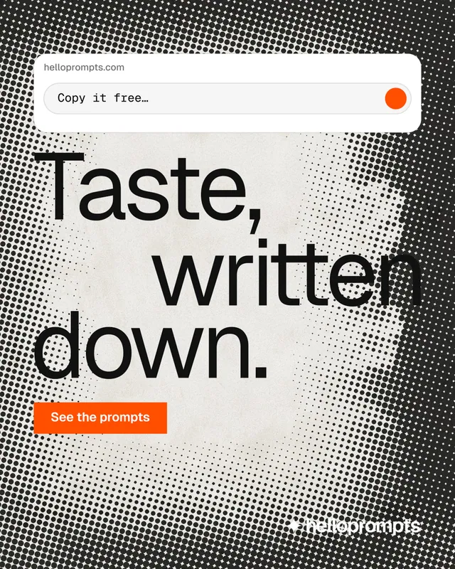 Instagram portrait post for HelloPrompts: "Taste, written down." Swiss style, stacked layout, light palette in grey, white.