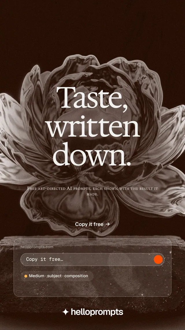 Instagram story for HelloPrompts: "Taste, written down." Swiss style, smallcaps layout, dark palette in orange, black, grey.