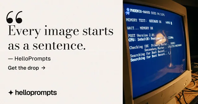 Social ad for HelloPrompts: "Every image starts as a sentence." Minimal luxury style, quote layout, light palette in white, blue, grey.