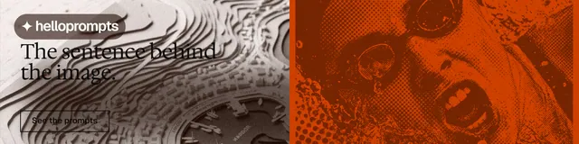 LinkedIn banner for HelloPrompts: "The sentence behind the image." Editorial style, bottom layout, dark palette in orange, grey, white.