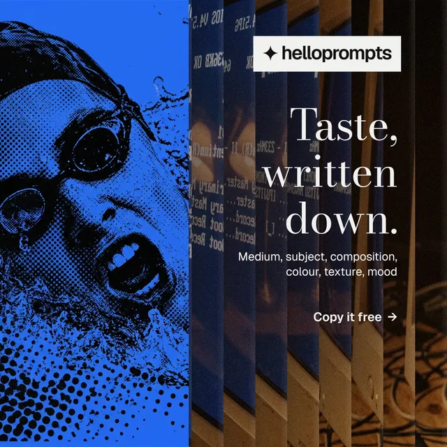 Instagram post for HelloPrompts: "Taste, written down." Minimal luxury style, right layout, dark palette in black, grey, blue.