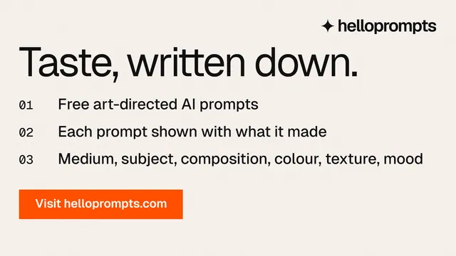 Landscape graphic for HelloPrompts: "Taste, written down." Swiss style, numbered layout, light palette in white, orange.