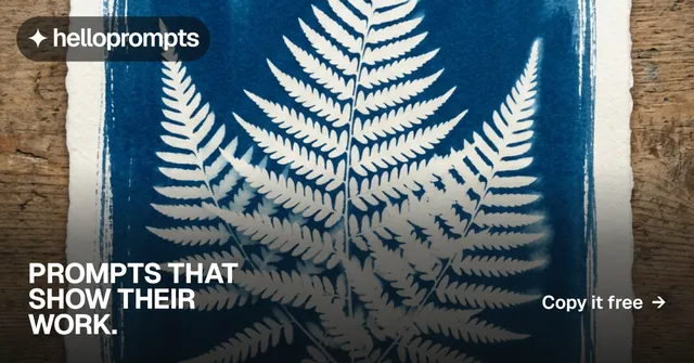 Social ad for HelloPrompts: "Prompts that show their work." Swiss style, image led layout, dark palette in blue, grey, white.