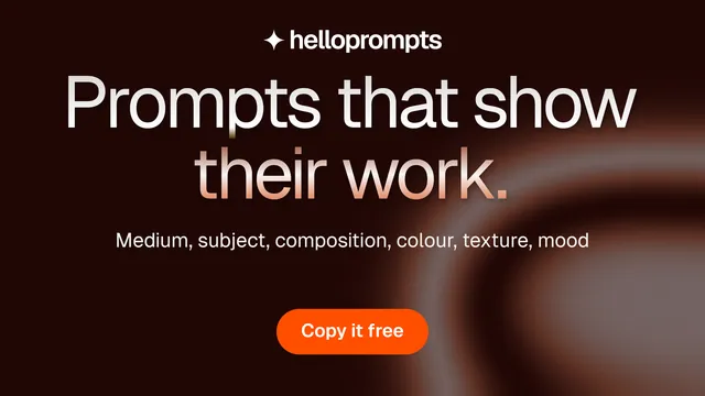 Landscape graphic for HelloPrompts: "Prompts that show their work." Y2K style, centred layout, dark palette in black, red.