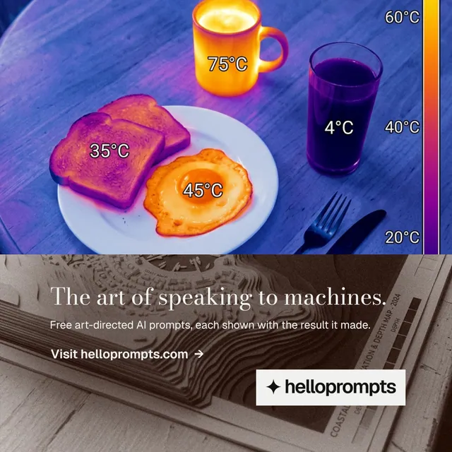 Instagram post for HelloPrompts: "The art of speaking to machines." Minimal luxury style, bottom layout, dark palette in grey, blue, pink.