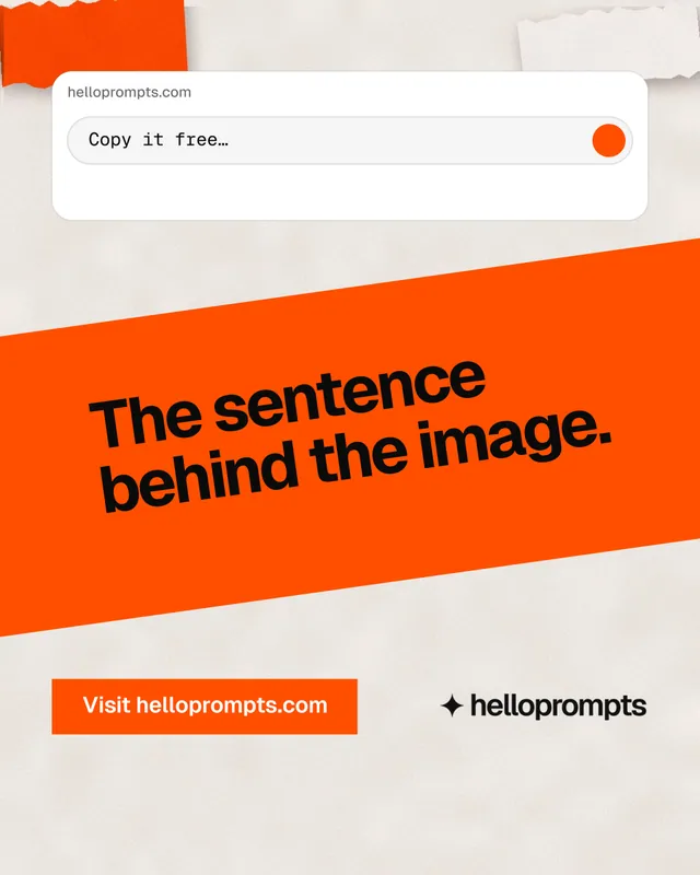Instagram portrait post for HelloPrompts: "The sentence behind the image." Swiss style, diagonal layout, light palette in orange, white.