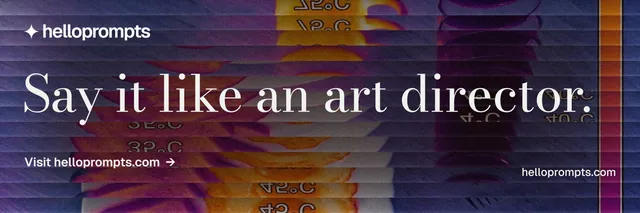 X header for HelloPrompts: "Say it like an art director." Minimal luxury style, poster layout, dark palette in purple, black, pink.