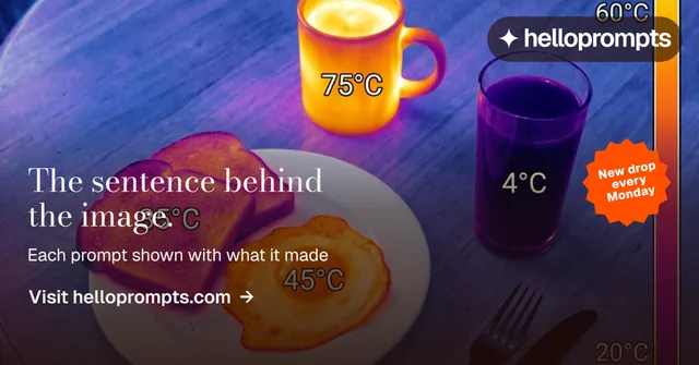 Social ad for HelloPrompts: "The sentence behind the image." Minimal luxury style, sticker layout, dark palette in purple, blue, pink.