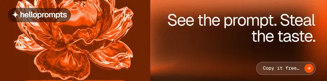 LinkedIn banner for HelloPrompts: "See the prompt. Steal the taste." Agentic glass style, right layout, dark palette in orange.