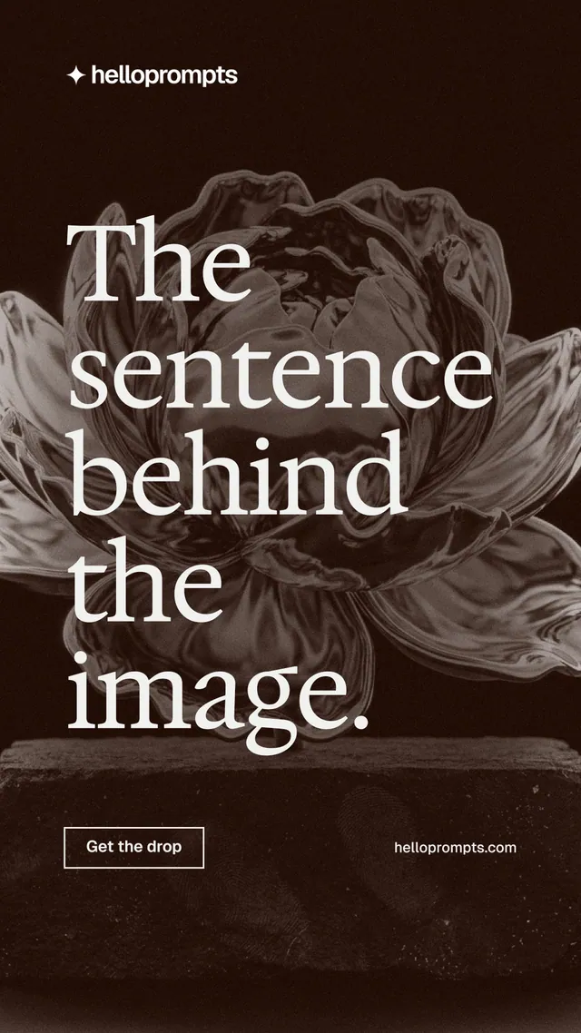 Instagram story for HelloPrompts: "The sentence behind the image." Editorial style, poster layout, dark palette in black, orange, grey.