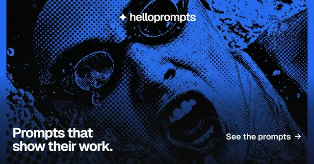 Social ad for HelloPrompts: "Prompts that show their work." Swiss style, image led layout, dark palette in blue, black.