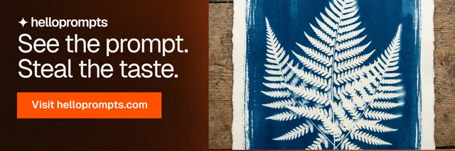 X header for HelloPrompts: "See the prompt. Steal the taste." Swiss style, skeleton layout, dark palette in black, grey, blue.
