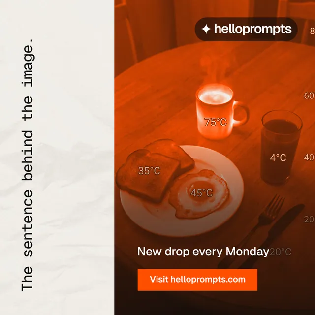 Instagram post for HelloPrompts: "The sentence behind the image." Swiss style, vertical layout, light palette in orange, yellow, white.