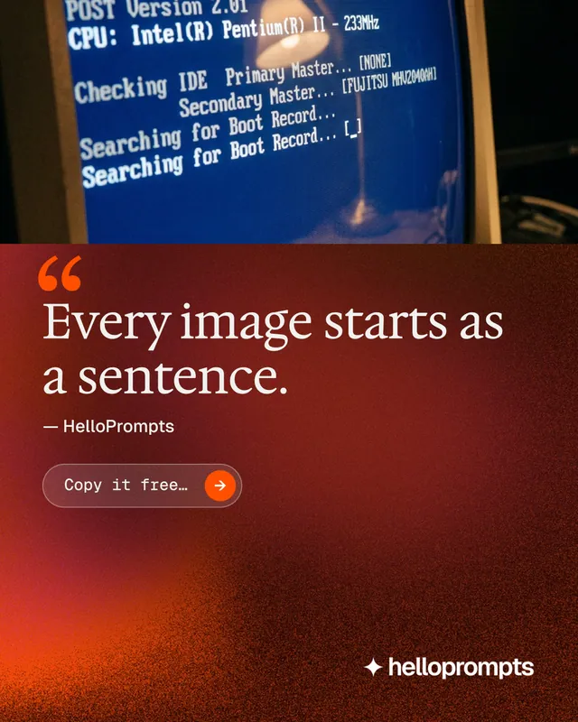 Instagram portrait post for HelloPrompts: "The art of speaking to machines." Agentic glass style, quote layout, dark palette in red, grey.
