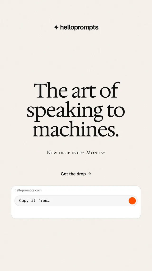 Instagram story for HelloPrompts: "The art of speaking to machines." Swiss style, smallcaps layout, light palette in white.