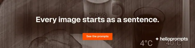 LinkedIn banner for HelloPrompts: "Every image starts as a sentence." Swiss style, centred layout, dark palette in orange, brown, grey.