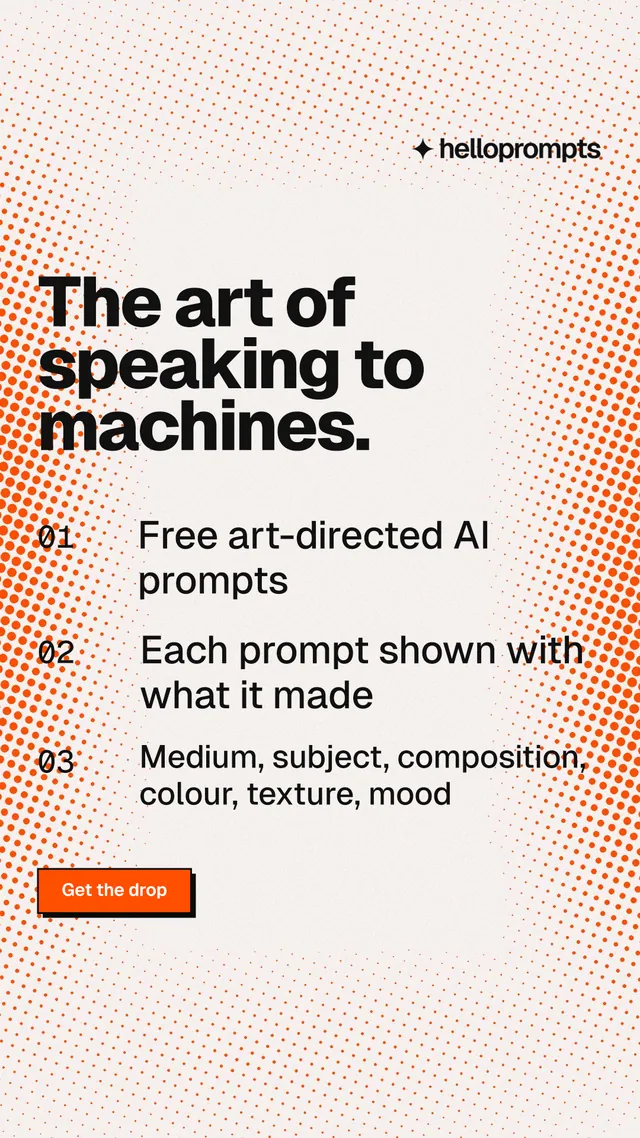 Instagram story for HelloPrompts: "The art of speaking to machines." Brutalist style, numbered layout, light palette in white, orange.