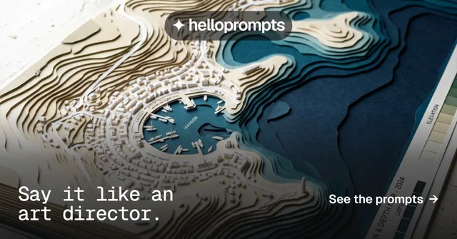 Social ad for HelloPrompts: "Say it like an art director." Swiss style, image led layout, dark palette in black, grey, blue.