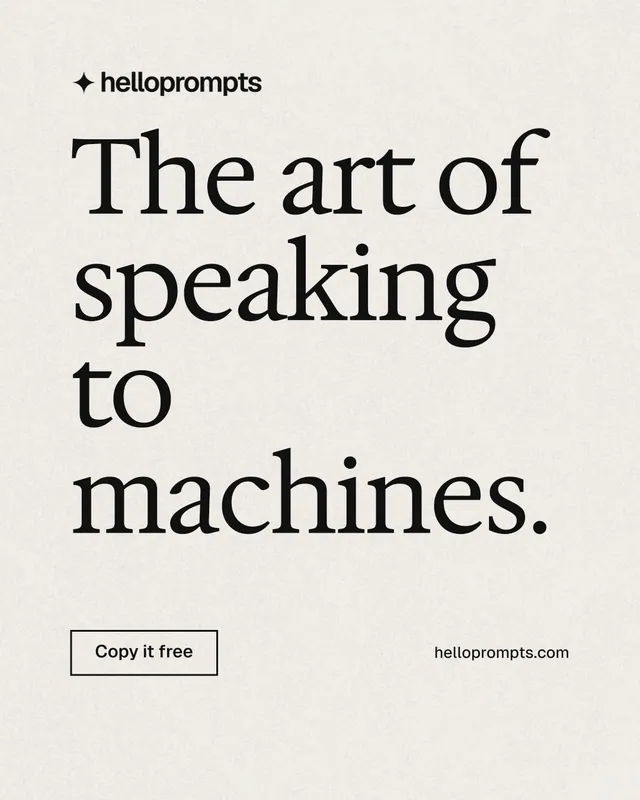 Instagram portrait post for HelloPrompts: "The art of speaking to machines." Editorial style, poster layout, light palette in yellow, grey, white.