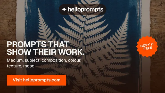 Landscape graphic for HelloPrompts: "Prompts that show their work." Swiss style, sticker layout, dark palette in orange, blue, grey.