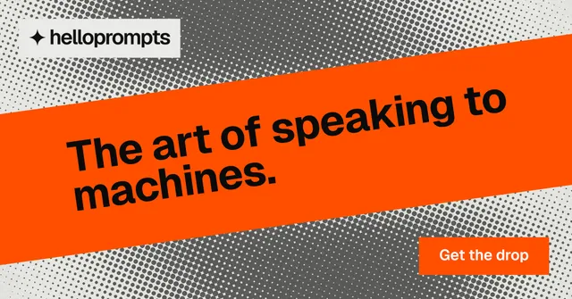 Social ad for HelloPrompts: "The art of speaking to machines." Swiss style, diagonal layout, light palette in orange, grey.