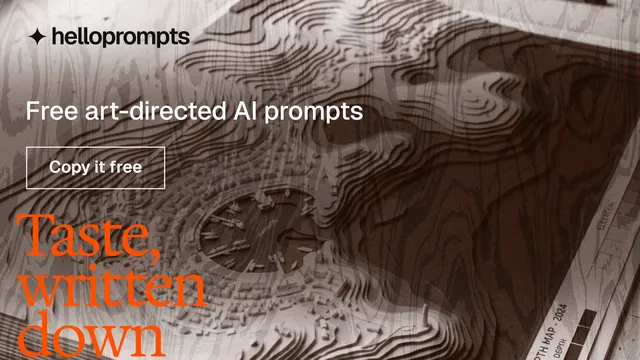 Landscape graphic for HelloPrompts: "See the prompt. Steal the taste." Editorial style, oversized layout, dark palette in orange, grey.