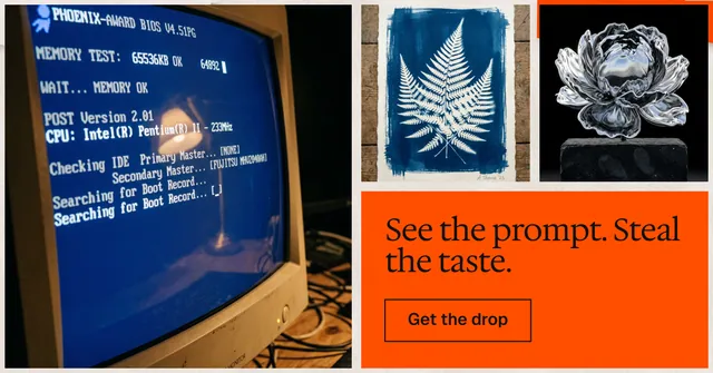 Social ad for HelloPrompts: "See the prompt. Steal the taste." Editorial style, collage layout, dark palette in blue, orange, grey.