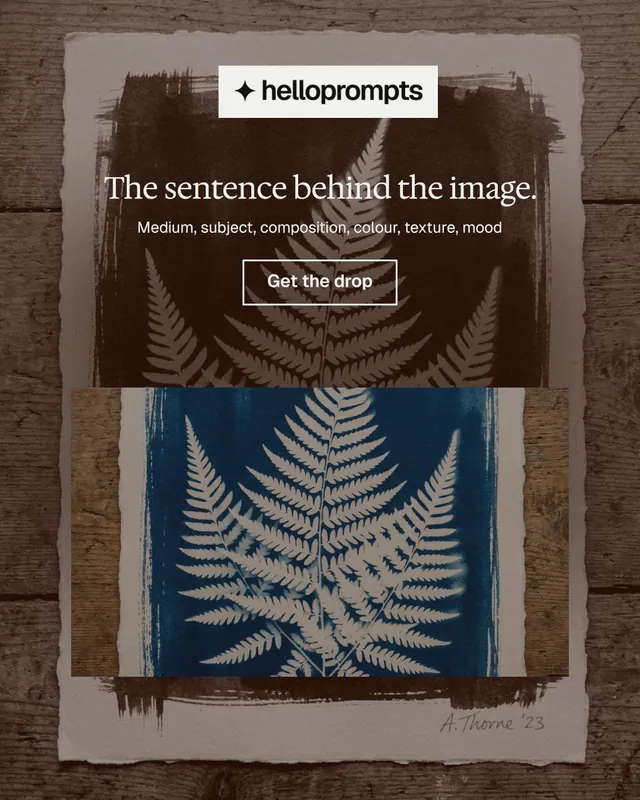 Instagram portrait post for HelloPrompts: "The sentence behind the image." Editorial style, centred layout, dark palette in orange, grey.