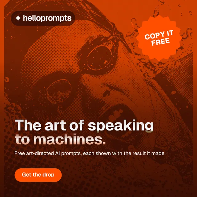 Instagram post for HelloPrompts: "The art of speaking to machines." Y2K style, sticker layout, dark palette in red, orange.