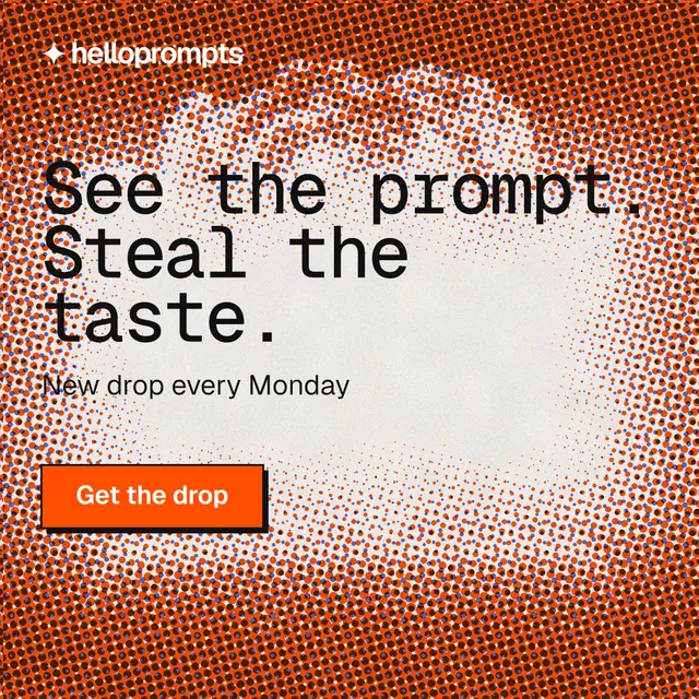 Instagram post for HelloPrompts: "See the prompt. Steal the taste." Brutalist style, skeleton layout, light palette in orange, red.