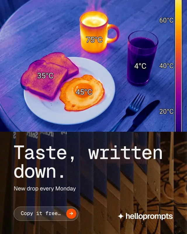 Instagram portrait post for HelloPrompts: "Taste, written down." Agentic glass style, bottom layout, dark palette in blue, red, orange.