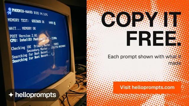 Landscape graphic for HelloPrompts: "Copy it free." Swiss style, right layout, light palette in blue, orange, white.