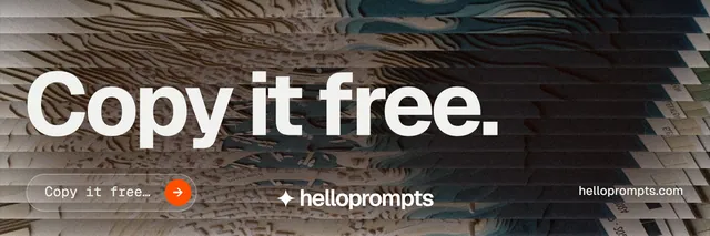 X header for HelloPrompts: "Copy it free." Agentic glass style, poster layout, dark palette in grey, black.