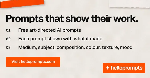 Social ad for HelloPrompts: "Prompts that show their work." Swiss style, numbered layout, light palette in orange.
