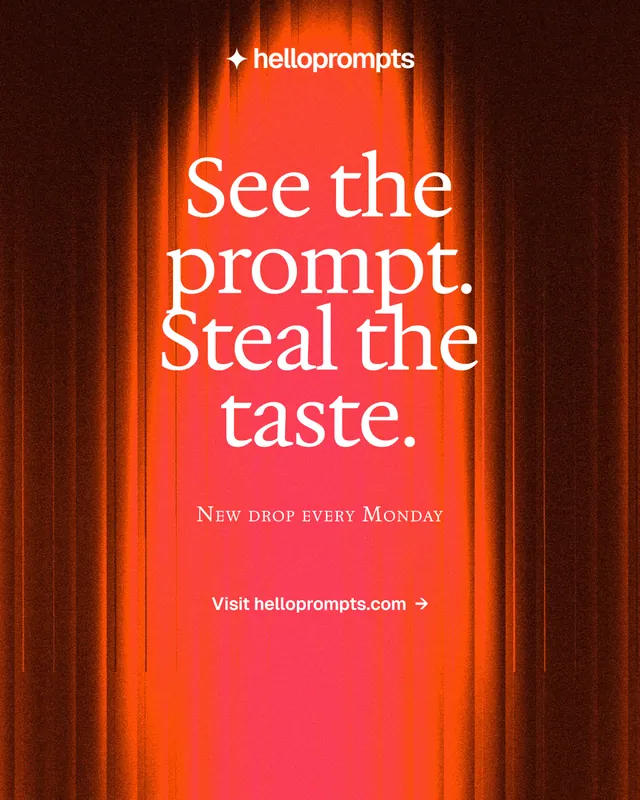 Instagram portrait post for HelloPrompts: "See the prompt. Steal the taste." Swiss style, smallcaps layout, dark palette in black, red.