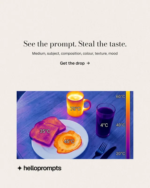 Instagram portrait post for HelloPrompts: "See the prompt. Steal the taste." Minimal luxury style, centred layout, light palette in white, blue, grey.