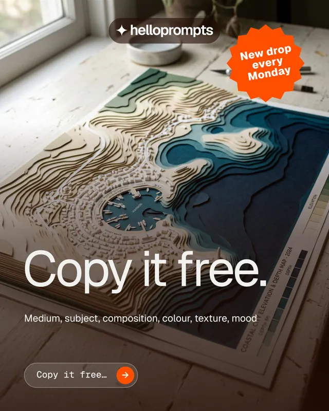 Instagram portrait post for HelloPrompts: "Copy it free." Agentic glass style, sticker layout, dark palette in orange, black, grey.