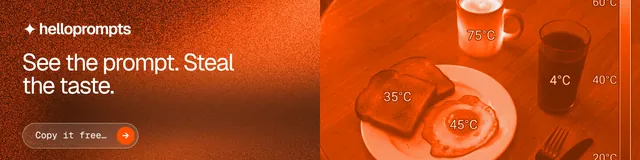 LinkedIn banner for HelloPrompts: "See the prompt. Steal the taste." Agentic glass style, bottom layout, dark palette in orange.