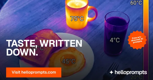 Social ad for HelloPrompts: "Taste, written down." Swiss style, sticker layout, dark palette in blue, orange, pink.