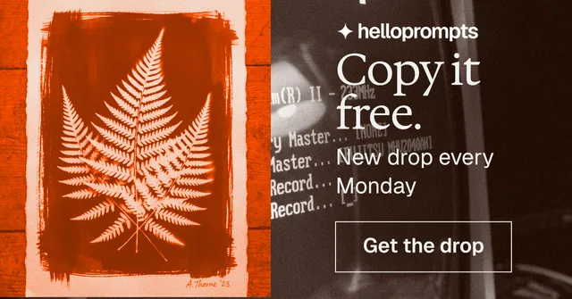 Social ad for HelloPrompts: "Copy it free." Editorial style, skeleton layout, dark palette in orange, black, brown.