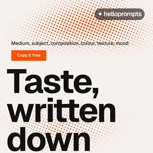 Instagram post for HelloPrompts: "Every image starts as a sentence." Swiss style, oversized layout, light palette in white, orange, grey.