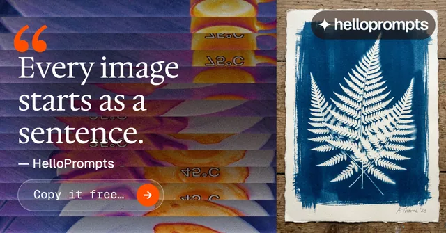 Social ad for HelloPrompts: "The sentence behind the image." Agentic glass style, quote layout, dark palette in blue, red, grey.