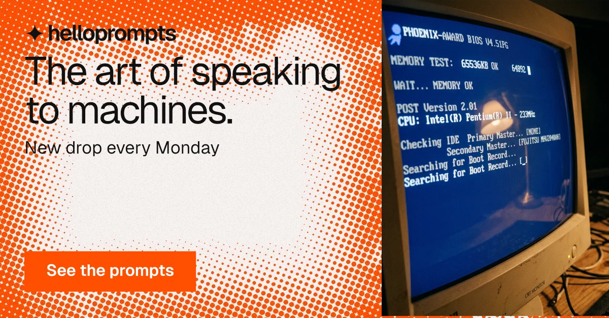 Social ad for HelloPrompts: "The art of speaking to machines." Swiss style, skeleton layout, light palette in blue, orange, brown.