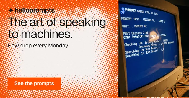 Social ad for HelloPrompts: "The art of speaking to machines." Swiss style, skeleton layout, light palette in blue, orange, brown.