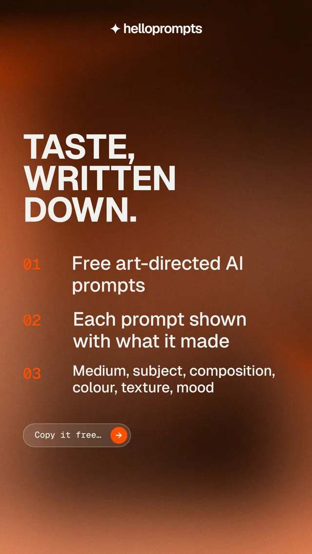 Instagram story for HelloPrompts: "Taste, written down." Agentic glass style, numbered layout, dark palette in orange, brown.
