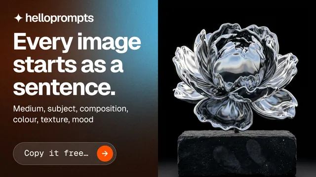 Landscape graphic for HelloPrompts: "Every image starts as a sentence." Agentic glass style, bottom layout, dark palette in black, grey.