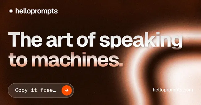 Social ad for HelloPrompts: "The art of speaking to machines." Agentic glass style, poster layout, dark palette in orange, black.