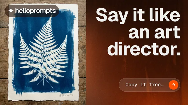 Landscape graphic for HelloPrompts: "Say it like an art director." Agentic glass style, right layout, dark palette in orange, black, grey.