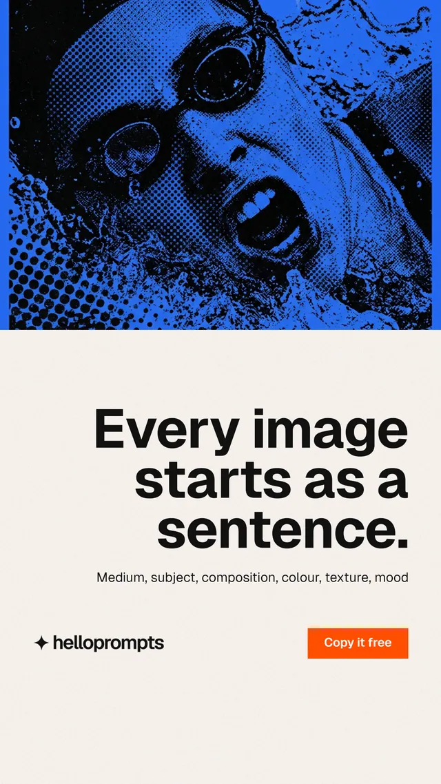 Instagram story for HelloPrompts: "Every image starts as a sentence." Swiss style, right layout, light palette in white, blue.
